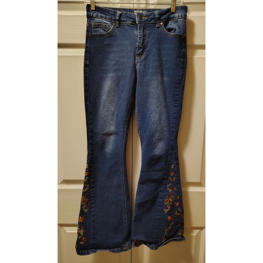 2bamboo Dark Blue Embroidered Wide Leg Jeans